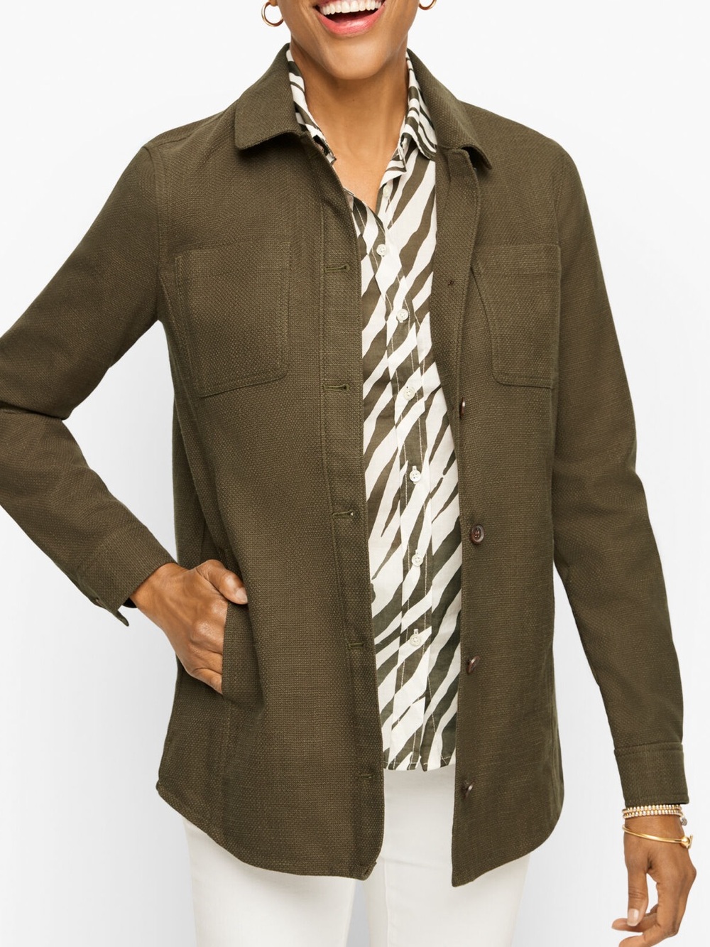 NEW Talbots Textured Cotton Blend Shirt Jacket Shacket Khaki Casual Button Up XL